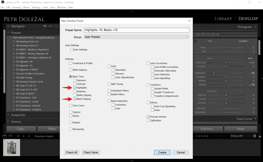 Jak uložit preset v Lighroomu