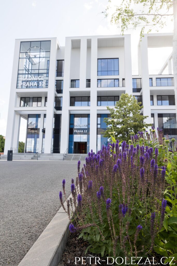 Radnice Prahy 12 vyfocená přes záhon s květinami