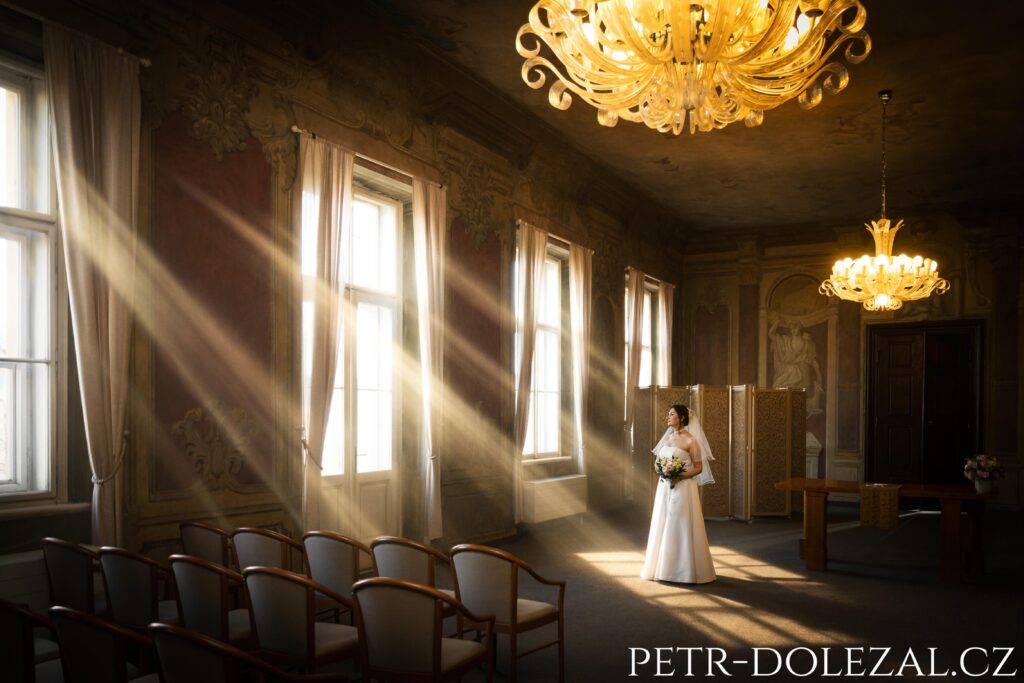 Nevěsta v obřadní síni Libeňského zámku, skrze okna prosvítají paprsky slunečního světla