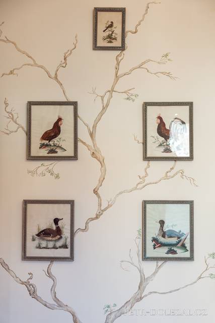 Stěny Ptačího salonku ozdobené malbami stromů, na jejichž větvích sedí jednotliví ptáci v zarámovaných obrazech