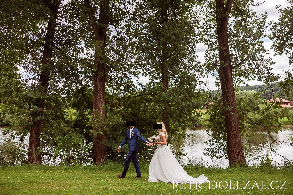 Nevěsta a ženich držící se za ruce a jdoucí za sebou před řadou vysokých stromů
