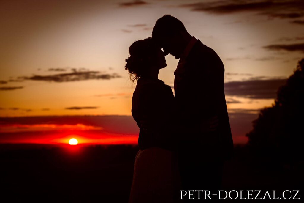 Silhouettes of the bride and groom, in the background crescents of the setting sun and blush