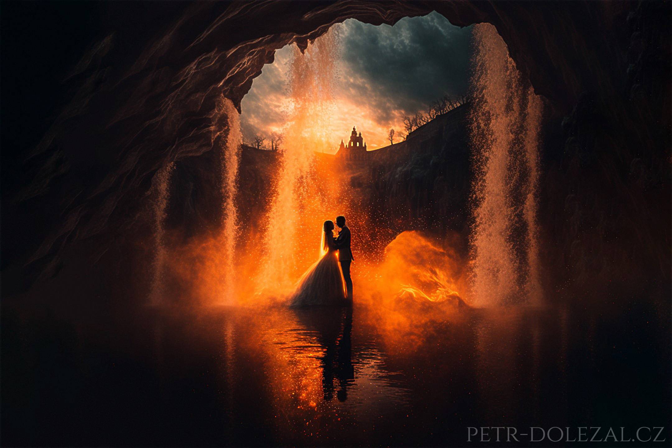 Siluety nevěsty a ženicha v průhledu jeskyně, vodopád osvětlený protisvětlem vycházejícího slunce vypadá jak rozžhavený oheň, dole voda s odrazem ženicha a nevěsty