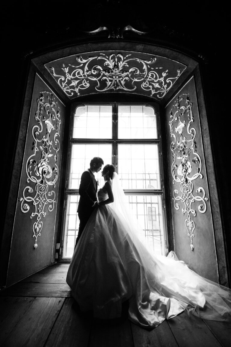wedding picture of a couple in Prague Mirror Chapel wedding venue