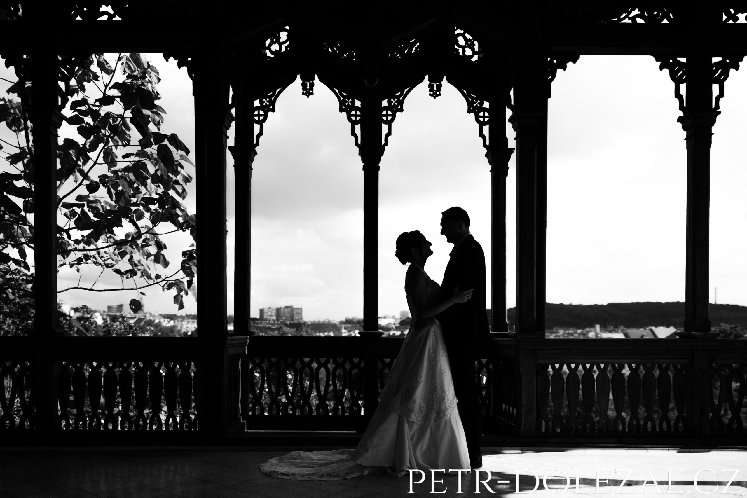 Černobílá silueta novomanželů se sloupky altánu