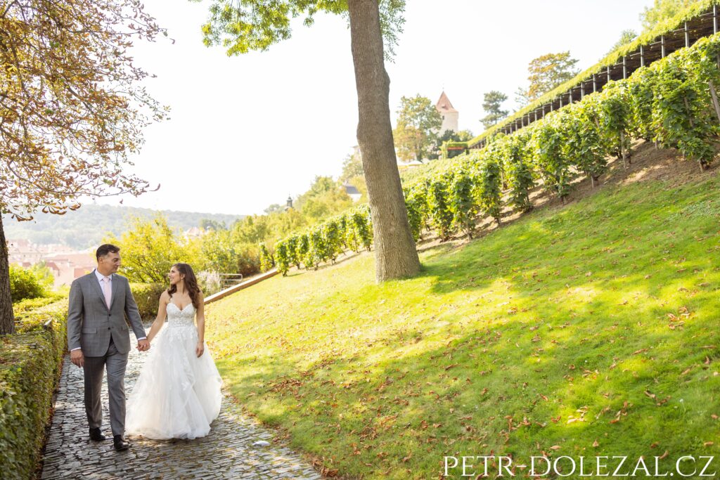 Ženich a nevěsta držící se za ruce kráčející po cestě